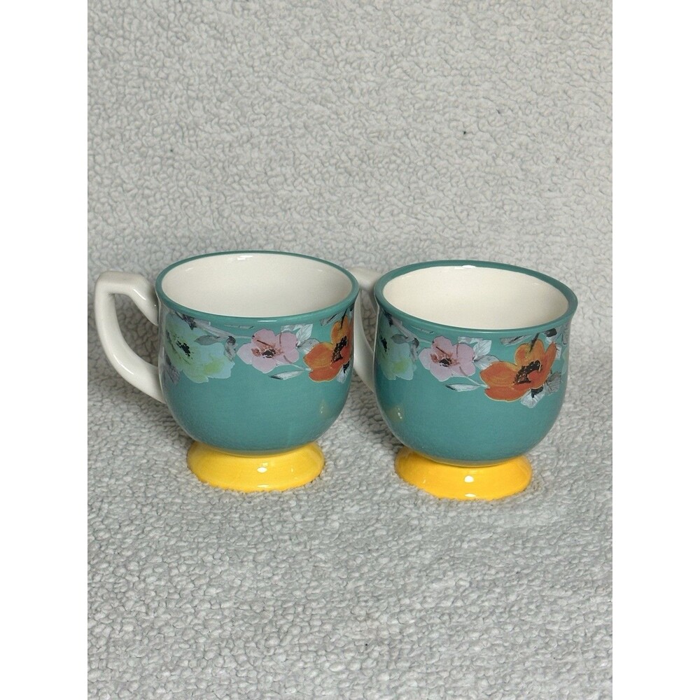 2 Pioneer Woman Flea Market Floral Turquoise & Yellow Footed Coffee Mug Tea Cup - Picture 2 of 5